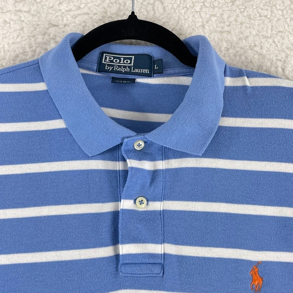 Polo Ralph Lauren Blue White Stripe Polo Shirt Mens Short Sleeve Size‎ Large